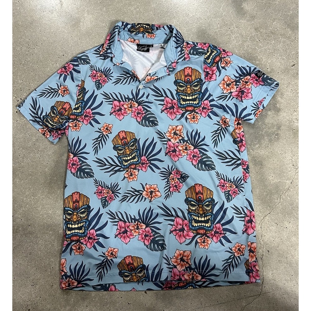 SUNDAY SWAGGER Golf Polo Shirt Men Floral TIKI IDOL Short‎ Sleeve Sz M
